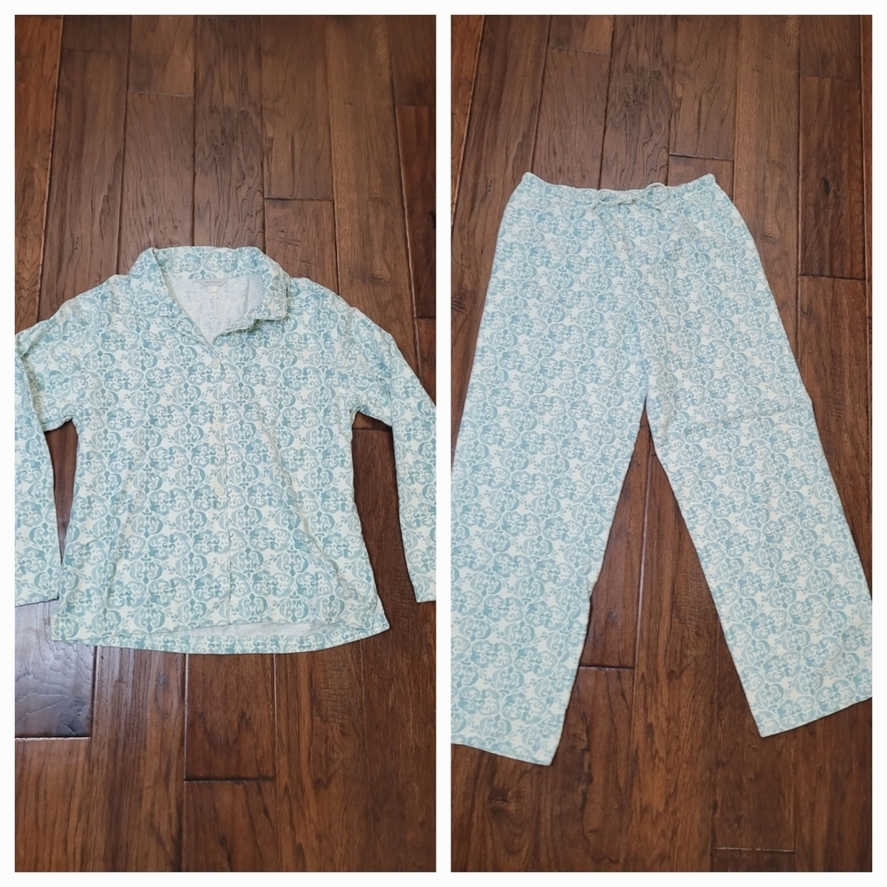 Garnet Hill Organic Cotton Flannel Greenish Blue & Creamy White Pajamas size XS